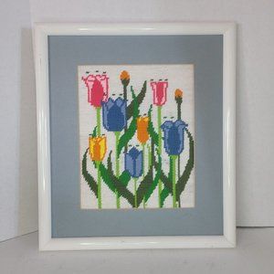 Vintage MCM Crewel Embroidery Floral Finished Framed Spring Colors Bouquet